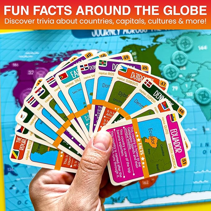 QUOKKA World Map Geography Game for Kids Ages 8-12 and Families – Learn Capitals, Flags, Facts, and Map Locations with 195 Country Cards, Chips, Board & Coin – Fun World Learning Game