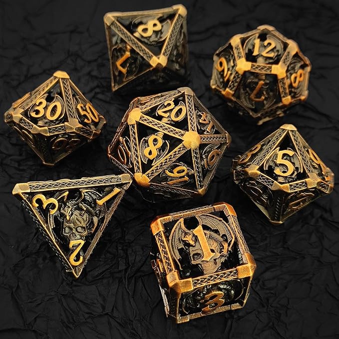 D&D DND Dice Set 7pcs Metal Hollow Polyhedron Dungeons and Dragons Gifts Bag TTRPG MTG Pathfinder Board Game Accessories D and D Roll Playing Dice D20 D12 D10 D% D8 D6 D4-Ancient Gold