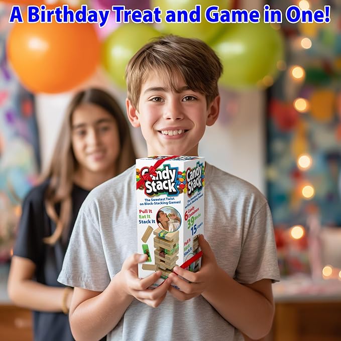 Funwares Wooden Blocks Stacking Game, Tumbling Tower and Balance Game, Family & Party Fun, Game for Kids and Adults, Ages 6+, Candy Stack - Add a Candy Twist to Stacking Games