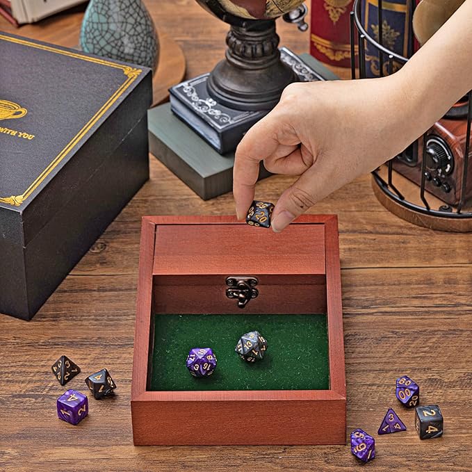 Wooden Dice Tray for Rolling with Storage 5.5 x 8 Inch Box Vault Metal Latch Secures Lid for Travel Tabletop Games, Board Games, Dungeons and Dragons