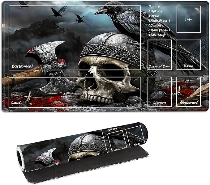 for MTG Playmat with Zones Storage Bag, for TCG Playmat and Playing Card Mat for Magic Board Games, Skull Axe Non-Slip Stitched Edges Game Mat, Rollable Foldable Card Playmats