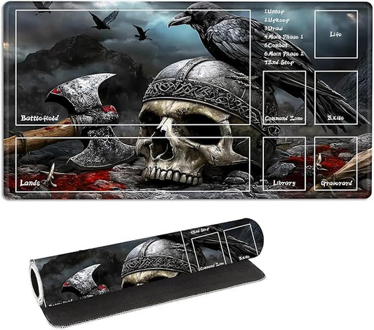 for MTG Playmat with Zones Storage Bag, for TCG Playmat and Playing Card Mat for Magic Board Games, Skull Axe Non-Slip Stitched Edges Game Mat, Rollable Foldable Card Playmats