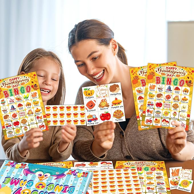 Thanksgiving Bingo Cards, 24 Players Cute Thanksgiving Bingo Game for Kids Adults Famliy Party Game Supplies for Classroom Shool Fall Festival