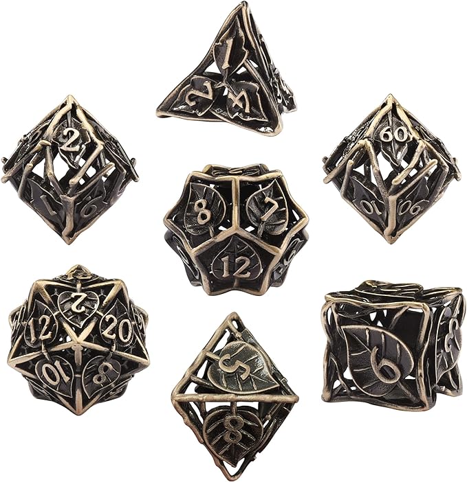AUSTOR Metal DND Dice Set 7 Pieces Leaf DND Dice Hollow Polyhedral Dice D20 D12 D10 D% D8 D6 D4 Metal Dice with Metal Box for Dungeons & Dragons RPG Board Games (Antique Bronze)