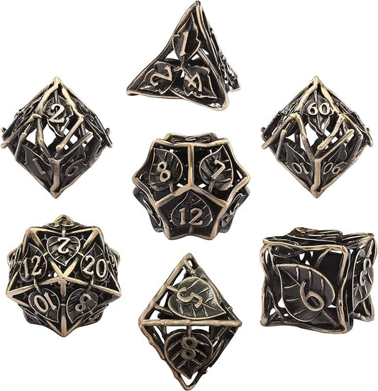 AUSTOR Metal DND Dice Set 7 Pieces Leaf DND Dice Hollow Polyhedral Dice D20 D12 D10 D% D8 D6 D4 Metal Dice with Metal Box for Dungeons & Dragons RPG Board Games (Antique Bronze)