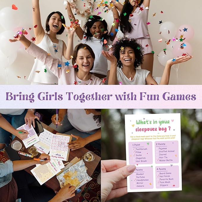 Slumber Party Games For Girls 8-12 - Sleepover Games For Girls 10-12, Sleepover Party Game Ideas, Slumber Party Bingo Cards For Pajama Party Decorations, Sleepover Party Supplies for Girls
