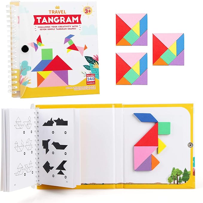 Vanmor Travel Tangram Puzzle - 3 Sets of Magnetic Tangram with 240 Solution - Montessori Shape Pattern Blocks Jigsaw Road Trip Games IQ Book Educational Toy Brain Teaser Gift for Kids Adults Challenge