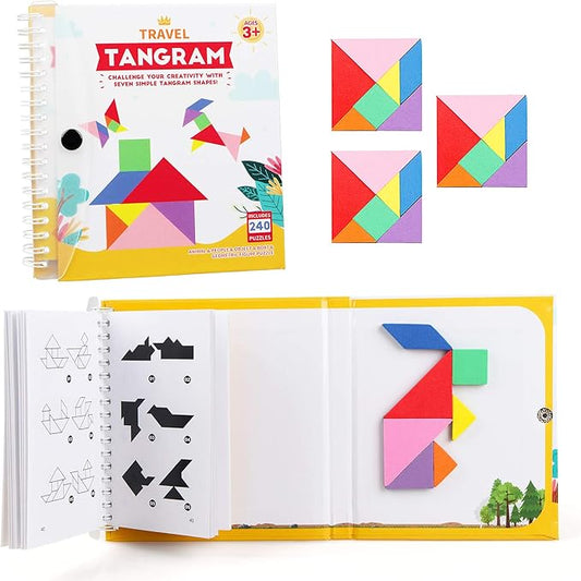 Travel Tangram Puzzle - Magnetic Puzzle Book for Road Trips, STEM Jigsaw Game with 3 Tangram Sets, Patterns Solutions - Brain Teaser IQ Toy for Kids and Adults, Ideal Educational Gift (240)