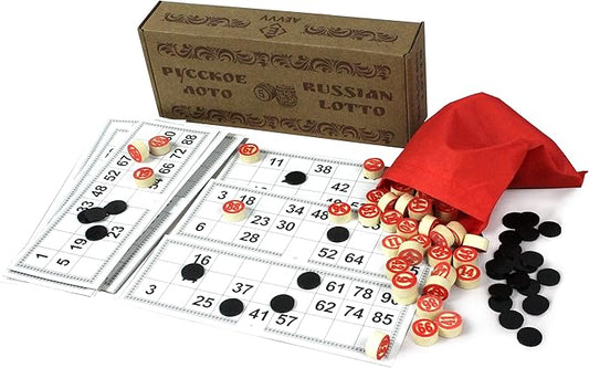 Russian Loto Family Board Games - Russian Bingo Game for Adults - Tombola Game - Russian Lotto Game with Wooden Barrels and Bingo Cards - Table Games