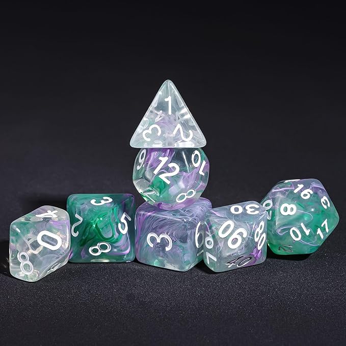 7-Die DND Dice Set Polyhedral Dice Set with a Leather Dice Bag, D&D Dice Set for Dungeons and Dragons, RPG Table Games (Transparent Green Mix Purple)