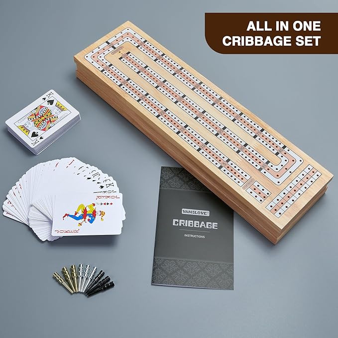 Vamslove Magnetic Cribbage Board 15'' Wooden Folding 3 Track Game Set, w/Instruction, Storage Slots for 2 Playing Cards/Pegs, Card Games for Travel Family Night