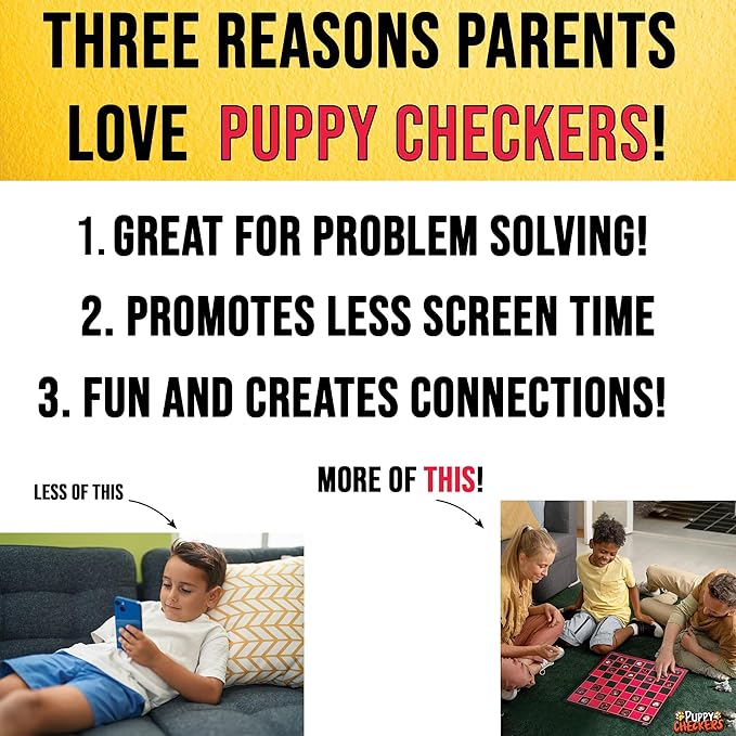 Puppy Checkers - Checkers Board Game for Kids who Love Dogs! Great Learning Games for Kids 8-12 and Also 4-8. Silly 56 Adhesive Dog Stickers Makes Checkers Better and Adults Love it for Game Night!
