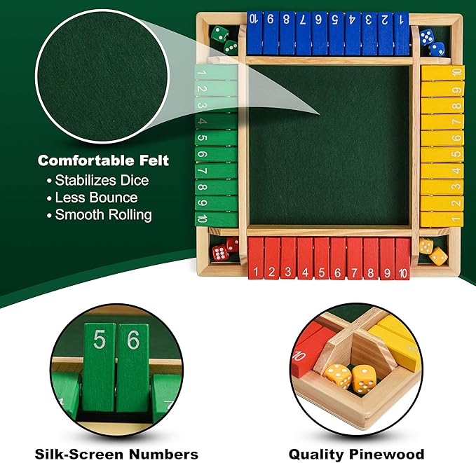 Wooden Shut The Box – Indoor Dice Game – Ideal for 2-4 Players – Great Family Game – Colorful Design - Comfortable Felt – Smart Math Game for Kids – Fun Learning Board Game - Nice Gift Packaging