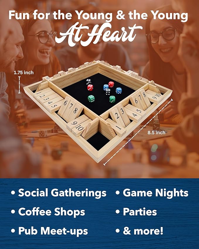 WE Games Shut The Box Wooden Board Game - Classic 4 Player Table Top Math Dice Game, Natural Wood, 8.5 in. Travel Size, 10 Numbers, for Families and Adults