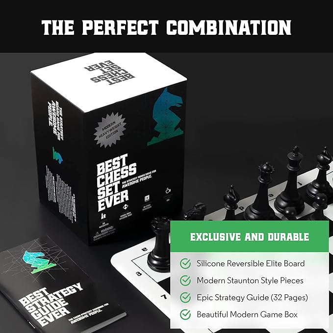 Best Chess Set Ever 3X Triple Weighted Tournament Size Chess Game (4" King) Large Staunton Modern Pieces, 20x20 Big Double-Sided, Roll Up Silicone Mat, Professional Chess Board Set for Adults & Kids