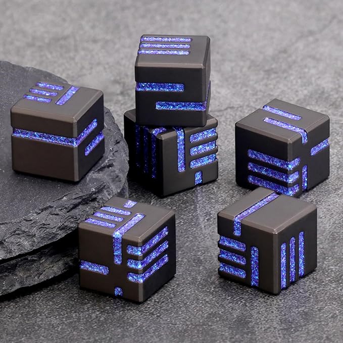 D6 Metal Dice, 16mm 6 Sided Dice Set, ZHOORQI 6Pcs/Set Tech-Themed New Concept Glittery Lines D6 Dice for DND, Tabletop RPGs Gifts（D6-Glitter Blue）