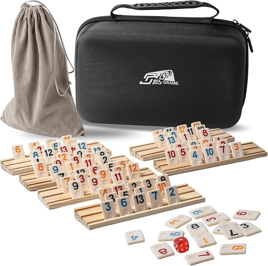 6 Players Rummy Cube Game with 6 Wooden Card Stands, 160 Colorful Rummy Cards, Exquisite Portable Box and Velvet Bag, Suitable for Family Gatherings and Travel Game Sets