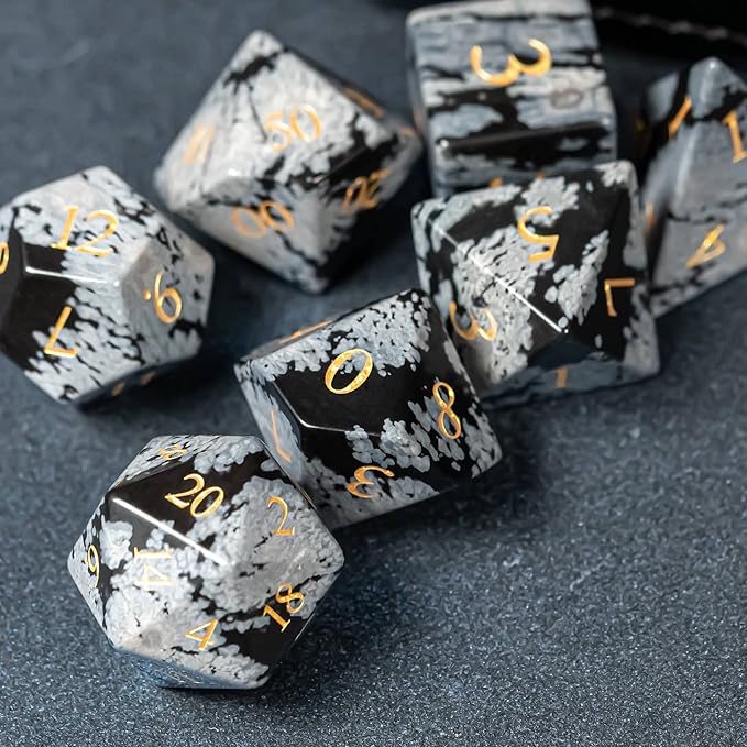 UDIXI Gemstone Dice Set DND, 7PCS Natural Snowflake Stone D&D Dice Set with Leather Gift Case for Dungeons and Dragons Table Games (Snowflake Obsidian)