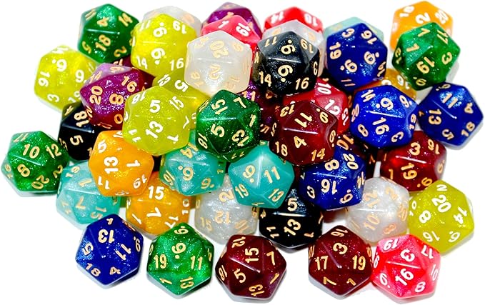 SmartDealsPro 50-Pack D20 20 Sided Dice Polyhedral Dice with Pouch for DND RPG MTG Table Game (D20, Glitter Color)