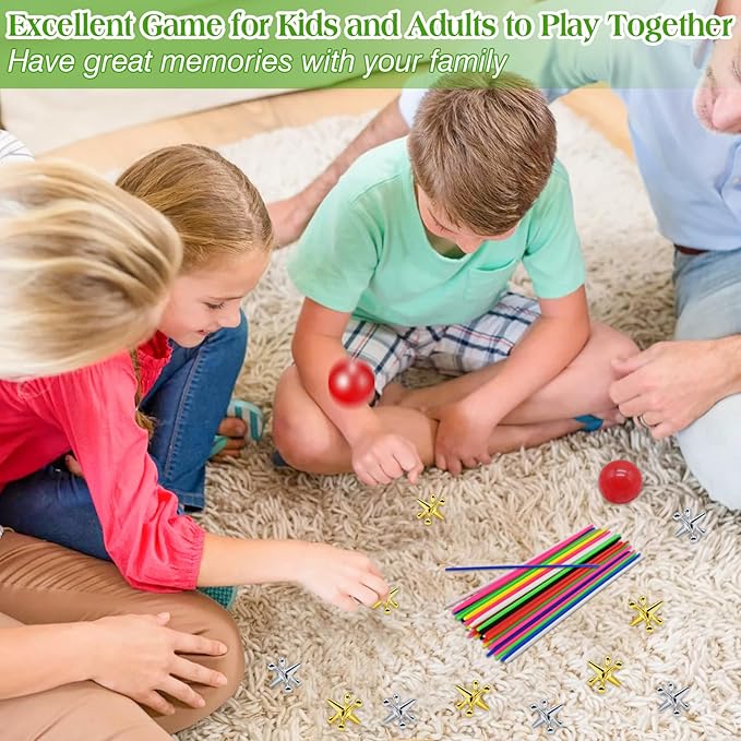 ZeeDix 60 Pcs Pick Up Sticks with 2 Sets Retro Metal Jacks Kit- Include 2 Pcs Red Rubber Balls and 20 Pcs Gold and Silver Metal Jacks, Classic Fun Game Gift of Jacks for Kids Adults Family