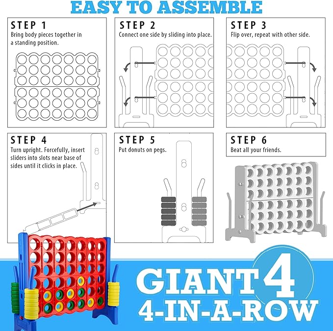 Giant 4 in a Row Connect Game – 4 Feet Wide by 3.5 Feet Tall Oversized Floor Activity for Kids and Adults – Jumbo Sized for Outdoor and Indoor Play - Blue/Red