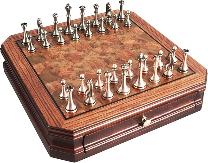 12" Wooden Chess Set with 2 Built-in Storage Drawer and Distressed Metal Chess Pieces - 2 Extra Queens Retro Desktop Chess Board Game for Adults and Beginners