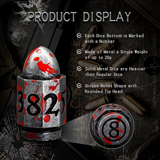 Bullet DND Dice for Dungeons and Dragons, Solid Metal Dice Set D&D with Box Polyhedral D and D Dice for Role Playing Tabletop D20 D12 D10 D8 D6 D4 (Bullet Sliver Blood Spot)