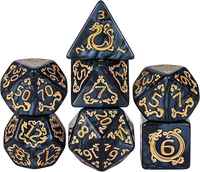 7-Die DND Dice Set Dragon Pattern Polyhedral Dice Set with Leather Bag D&D Dice Set for Dungeons and Dragons RPG MTG Table Games (Black W/Gold Dragon Pattern)