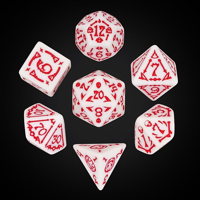 7-Die DND Dice Set Halloween Pattern Polyhedral Dice Set with Leather Bag, Skull Die D&D Die for Dungeons and Dragons RPG Table Games (Halloween Pattern-White/Red Number)