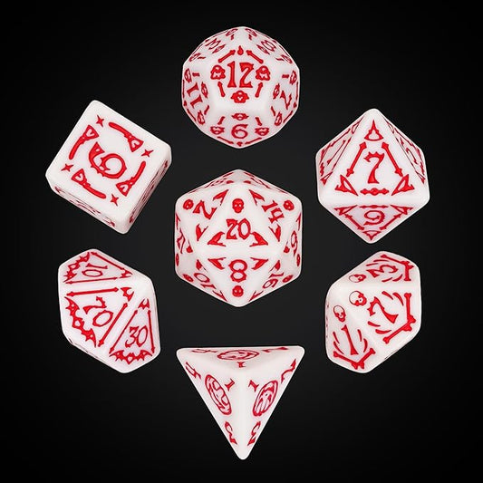 7-Die DND Dice Set Halloween Pattern Polyhedral Dice Set with Leather Bag, Skull Die D&D Die for Dungeons and Dragons RPG Table Games (Halloween Pattern-White/Red Number)