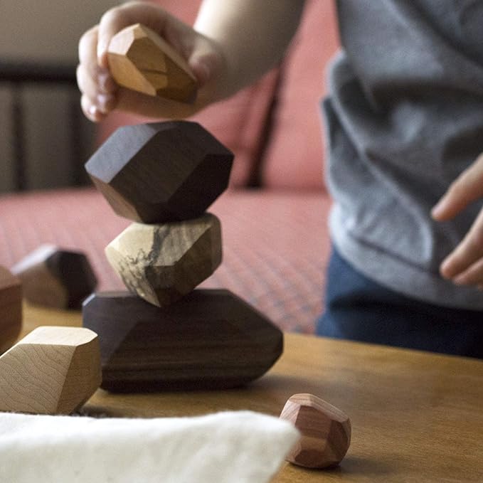 22 Piece Natural Wooden Balancing Block Set - Sensory Educational Natural Wood Toy Stacking Game - Mixed Wood Species - USA Made - Jojoba Oil and Beeswax Finish - Wood Stone Building Blocks