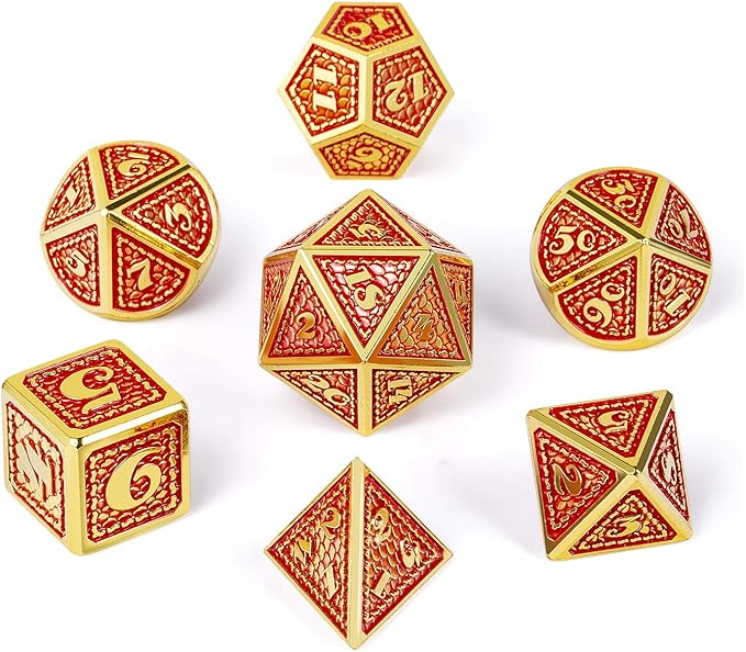 DNDND Metal Gaming Dice, 7 PCS Red Dragon Scale Metallic DND Die with Velvet Pouch for Dungeons & Dragon D&D Game (Red with Gold Edge)