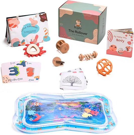 Montessori Toy Set 3-4 Month Infant Toys - Tummy Time Activity Mirror, Water Mat, Sensory Wooden Rattles, Black and White Cards, OBall, Baby Body Board Book, Newborn Gifts Basket