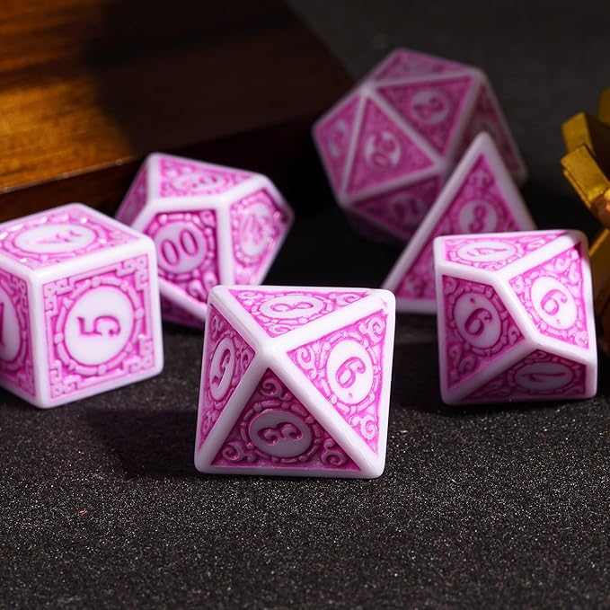 7PCs DND Dice Set, Unique Window Lattice Pattern D&D Dice Set with Leather Dice Bag, Polyhedral Dice for Dungeons and Dragons, RPG, MTG Table Games (Pink/White)