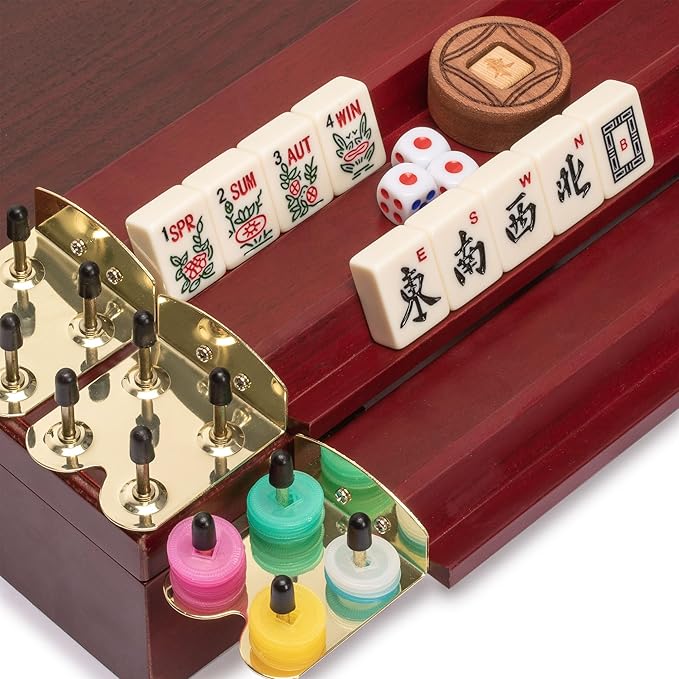 Yellow Mountain Imports American Mahjong Set, The Classic - with 166 Tiles, Vintage Rosewood Veneer Case, and Other Mahjong Accessories