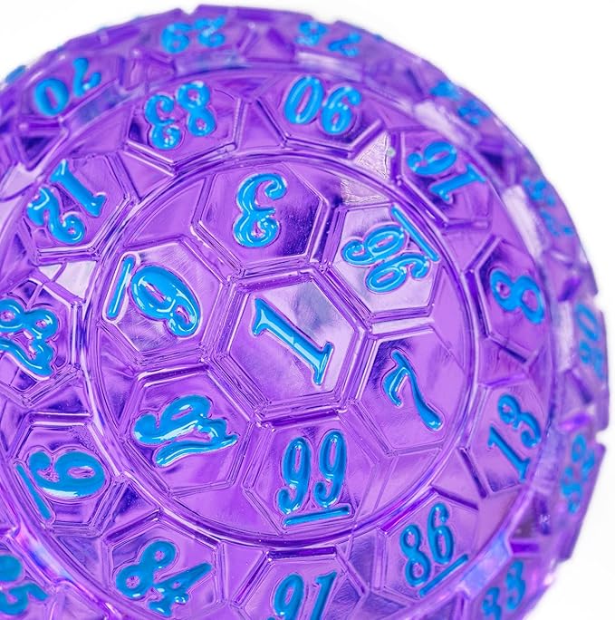 100 Sided Polyhedral Dice, Single D100 Game Dice, 100 Sided Cube with Black Pouch, D100 die 48 mm (Transparent Purple with Blue Number)