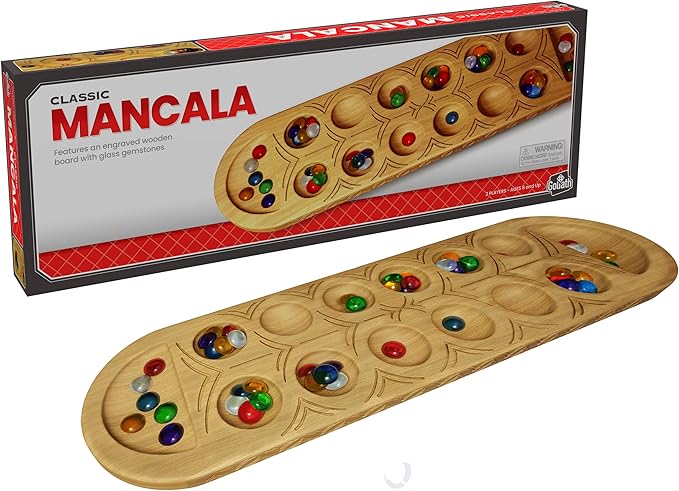 Classic Mancala Game - Features A Full-Sized, Solid Wooden Board with Exquisite Detail Stones by Pressman For 2 Players