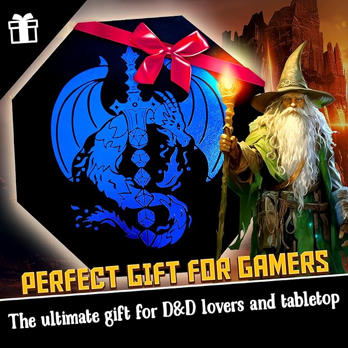 Blue Fire Dragon Dice Tray with Dice Sword and Wizard Book Artwork – 9" Octagon with Lid, Holds 5 Dice Sets – Perfect for D&D, Pathfinder, Call of Cthulhu, and All Tabletop RPGs