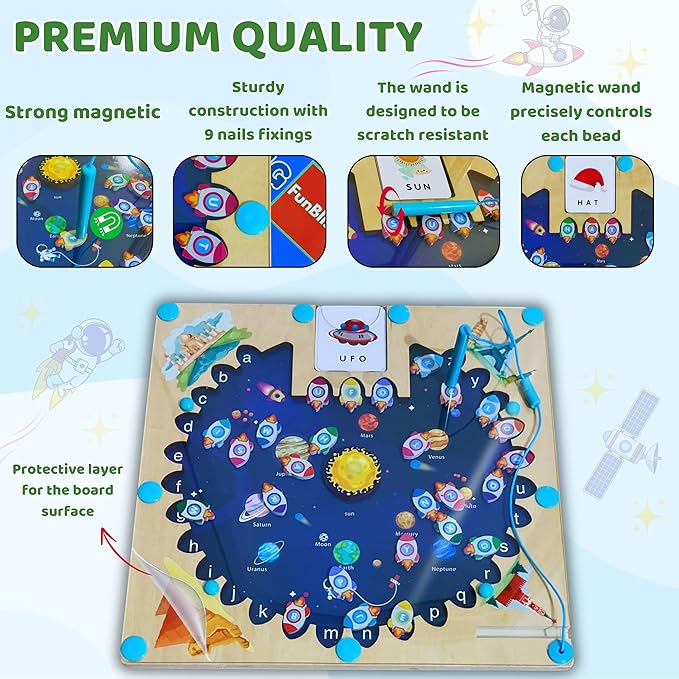 Magnetic Alphabet Maze Board, Montessori Wooden Kids Toys for Ages 3-5, Travel Puzzle Toy, Develop Fine Motor Skills, Ideal Gift for Toddlers (Space)