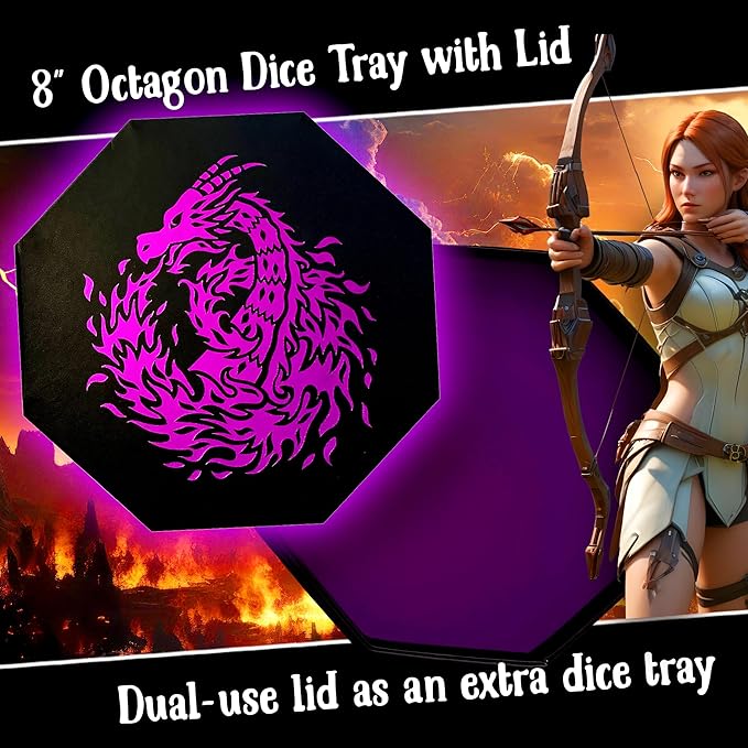 Purple Fire Dragon Dice Tray with Wizard Book Print – 9" Octagon with Dice Staging Area, Holds 5 Dice Sets – Perfect for D&D, Call of Cthulhu, Shadowrun, and All Tabletop RPGs