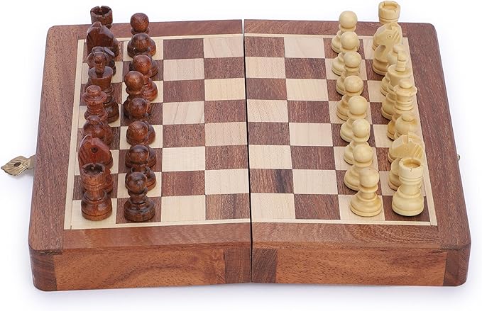 Ajuny Magnetic Travel Chess Set - Handcrafted Acacia Wood, Foldable Board with Elegant Storage Ages