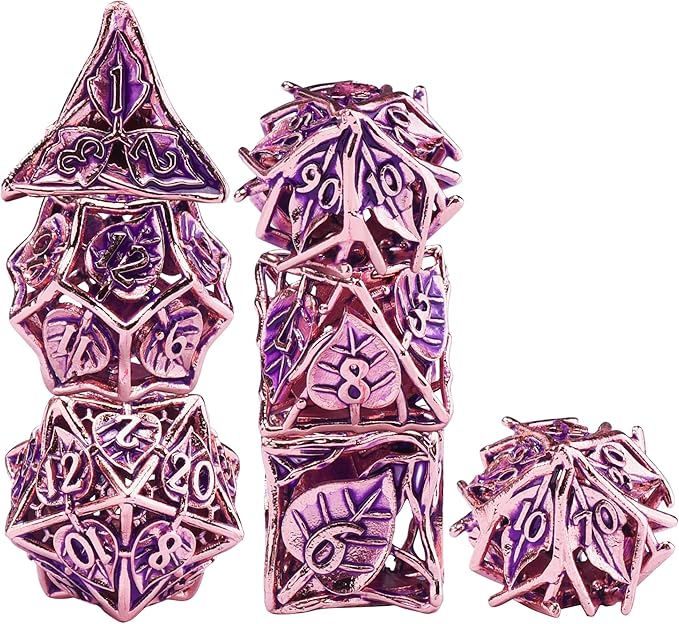 AUSTOR Metal Maple Leaf DND Dice Set 7 Pieces Hollow Polyhedral Dice D20 D12 D10 D% D8 D6 D4 Copper Dice with Metal Box for Dungeons & Dragons RPG Board Games (Violet & Gold)