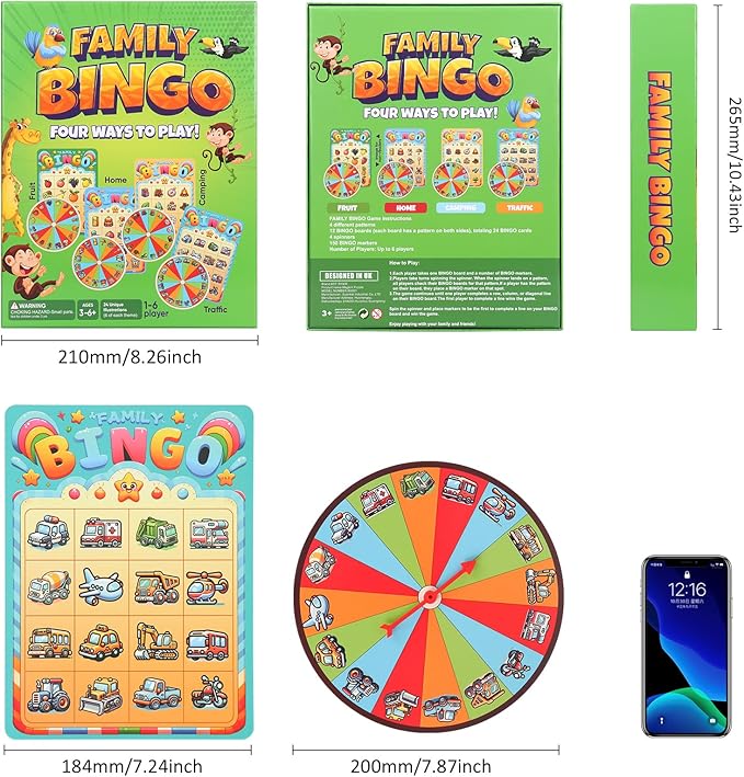Family Bingo Game for Toddlers & Kids | 4-in-1 Visual Bingo Set with Household Items, Cars, Fruits & Camping Gear | Family-Friendly Board Game for Learning & Fun| 2-4 Players