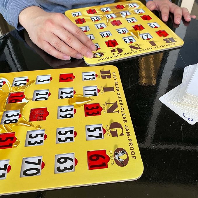 MR CHIPS Jam-Proof Bingo Cards with Sliding Windows, 50 Reusable Shutter Cards, 75 Calling Cards 1 Master Board in Gold Rush Style