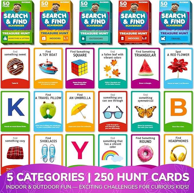 QUOKKA Scavenger Hunt for Kids Ages 4-8 - 250+ Indoor Outdoor Activities for Kids Ages 6-8 - Camping Backyard Outdoor Games for 3-6 Year Olds - Pocket Travel Toys for Boys Girls and Family