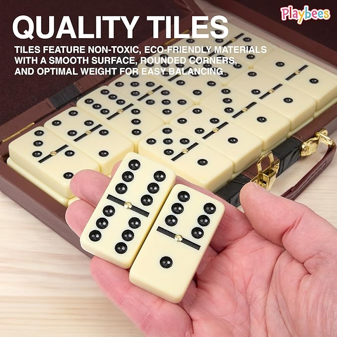 Dominos Set for Adults and Kids, Large Jumbo Double Six Dominoes Set with Spinner, Extra Thick Ivory Big Dominoes in Wooden Case, Family Game