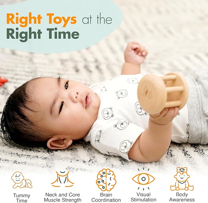 Montessori Toy Set 3-4 Month Infant Toys - Tummy Time Activity Mirror, Water Mat, Sensory Wooden Rattles, Black and White Cards, OBall, Baby Body Board Book, Newborn Gifts Basket