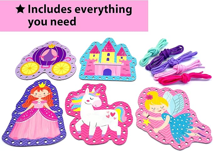KRAFUN Beginner Unicorn My First Lacing Card Kit for Kids Arts & Crafts, 5 Easy Princess Lacing Projects, Paper Art Craft Cards for Toddlers, Fine Motor Preschool Skills Toys