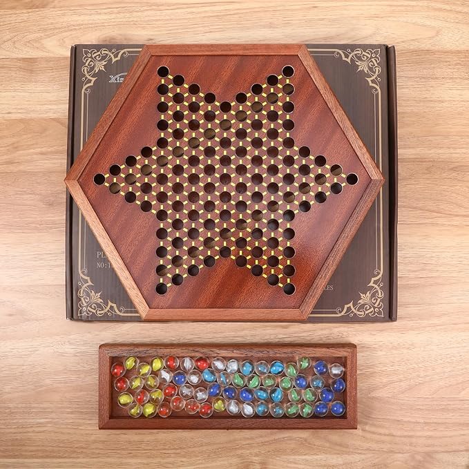 Chinese Checkers Board Game,12.6 Inches Large Wooden Board Game with 0.55“ 60+12 Colorful Glass Marbles and Dual Sided Storage Drawer Chinese Checkers Marbles for Adults Classic Family Strategy Gifts