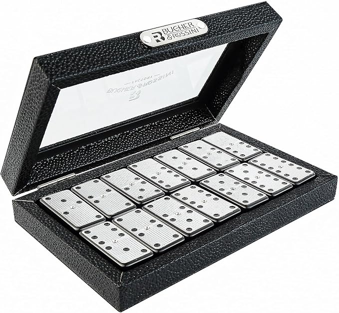 Bucher&Rossini Metal Surface Dominoes Set Double 6 - Claasic Black Domino's Game Set with Silver Metal Surface for Adults and Kids Ideal Gift for Domino Players or Family Game Night
